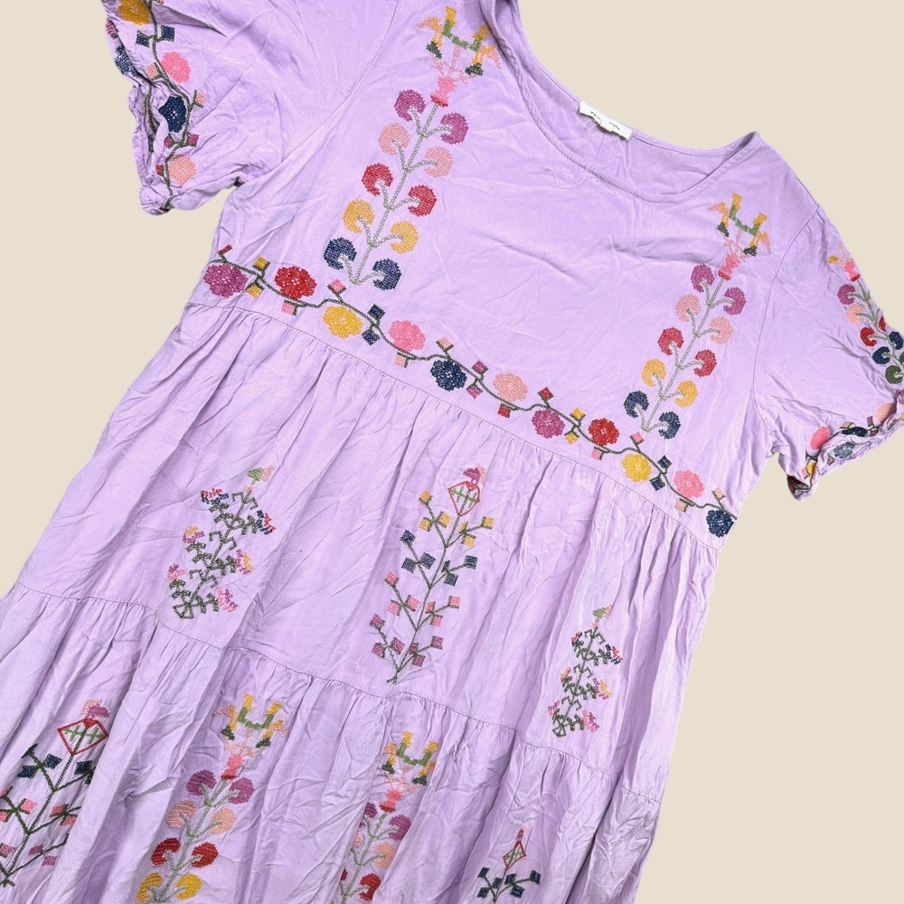 Tea N Rose Babydoll Dress Women L Purple Floral Embroidered Tiered Boho Cottage